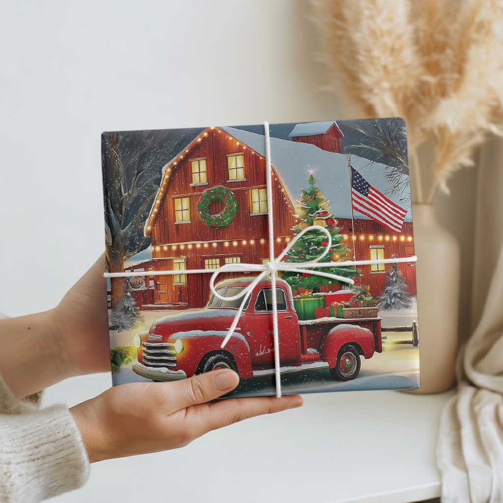 Vintage Red Truck Christmas Wrapping Paper Patriotic Holiday Country Barn with Wreath American Flag - Wonder Print Shop