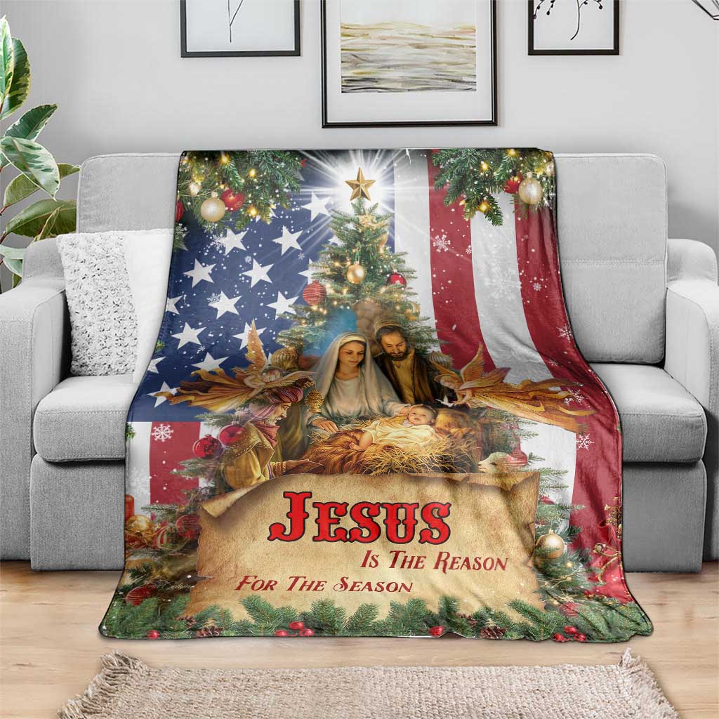 Patriotic Nativity Christmas Scene Throw Blanket Jesus Is the Reason for the Season American Flag and Angels - Wonder Print Shop