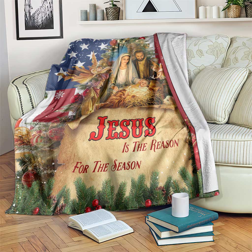 Patriotic Nativity Christmas Scene Throw Blanket Jesus Is the Reason for the Season American Flag and Angels - Wonder Print Shop