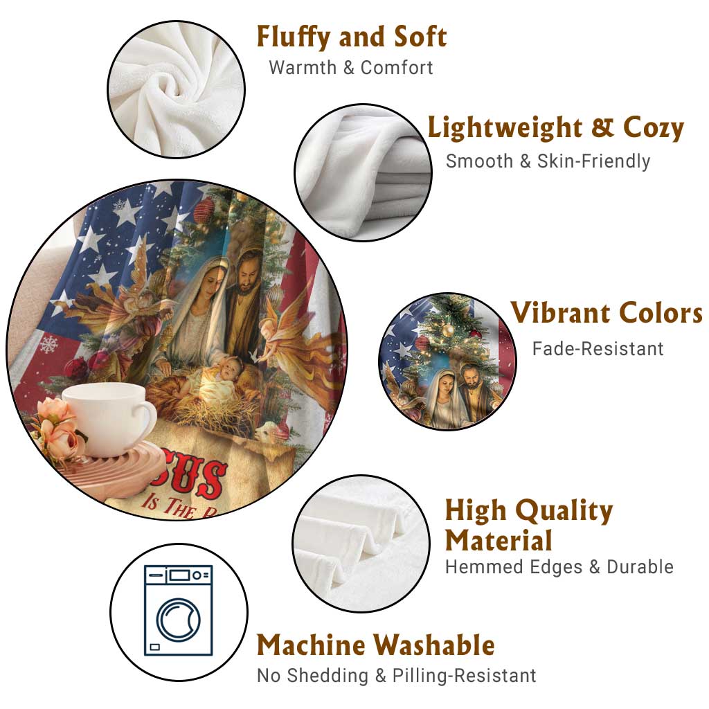 Patriotic Nativity Christmas Scene Throw Blanket Jesus Is the Reason for the Season American Flag and Angels - Wonder Print Shop