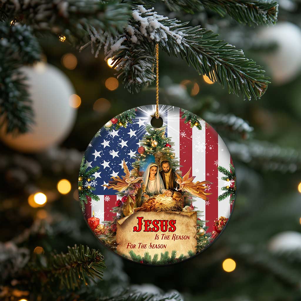 Patriotic Nativity Christmas Scene Christmas Ceramic Ornament Jesus Is the Reason for the Season American Flag and Angels - Wonder Print Shop
