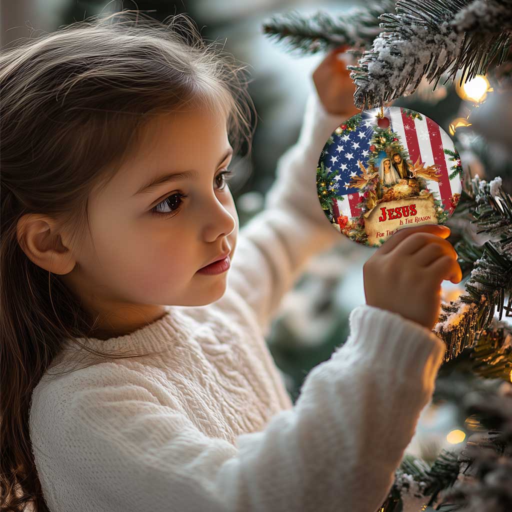 Patriotic Nativity Christmas Scene Christmas Ceramic Ornament Jesus Is the Reason for the Season American Flag and Angels - Wonder Print Shop