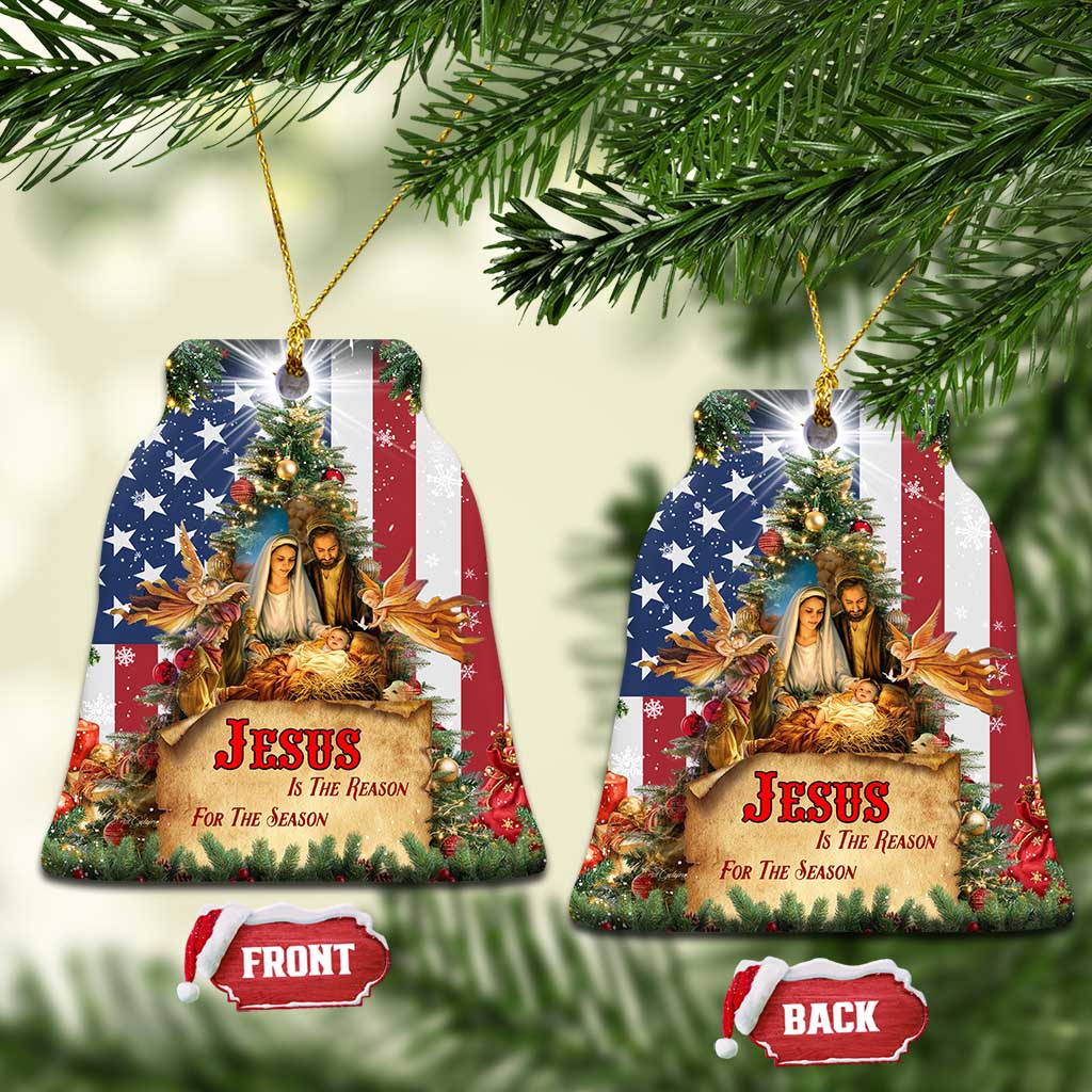 Patriotic Nativity Christmas Scene Christmas Ceramic Ornament Jesus Is the Reason for the Season American Flag and Angels - Wonder Print Shop