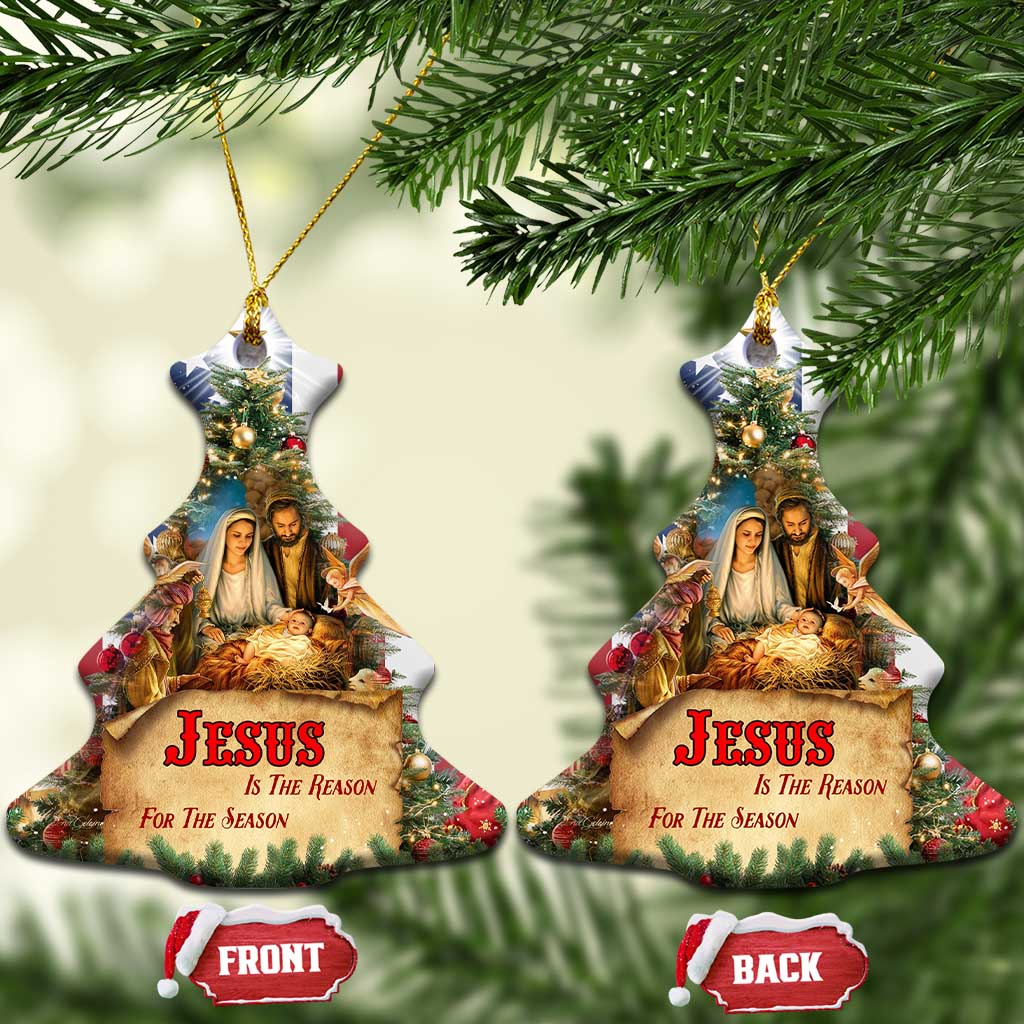 Patriotic Nativity Christmas Scene Christmas Ceramic Ornament Jesus Is the Reason for the Season American Flag and Angels - Wonder Print Shop