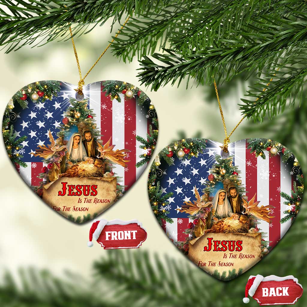 Patriotic Nativity Christmas Scene Christmas Ceramic Ornament Jesus Is the Reason for the Season American Flag and Angels - Wonder Print Shop