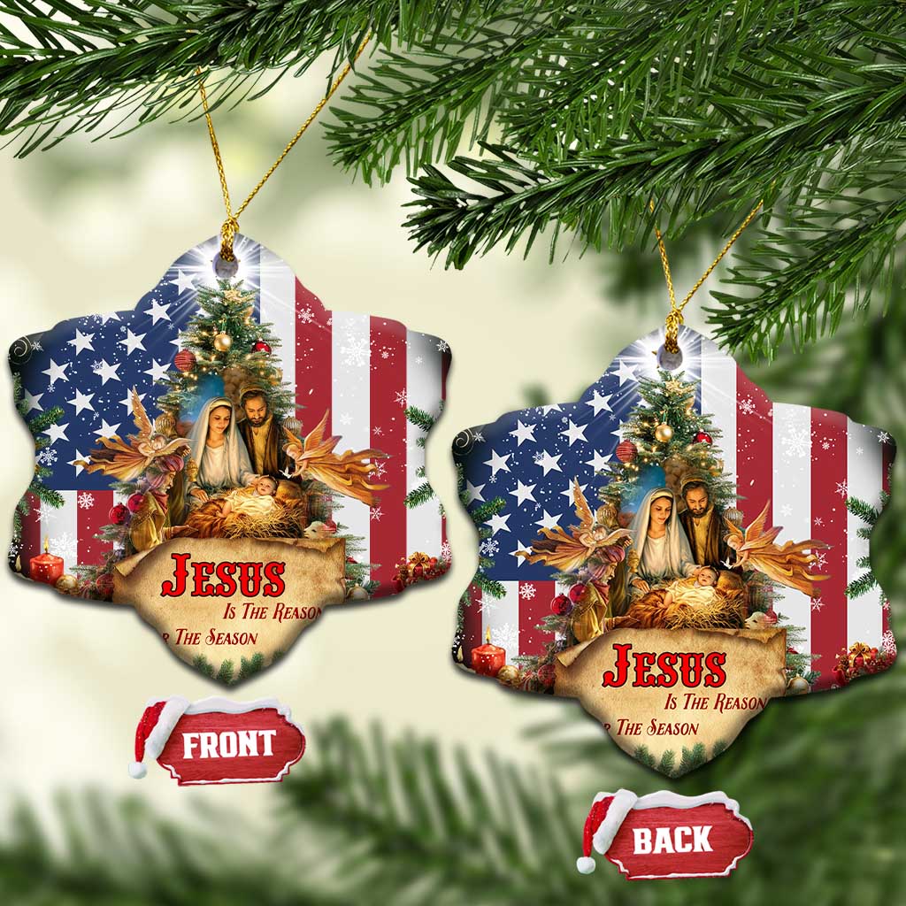 Patriotic Nativity Christmas Scene Christmas Ceramic Ornament Jesus Is the Reason for the Season American Flag and Angels - Wonder Print Shop