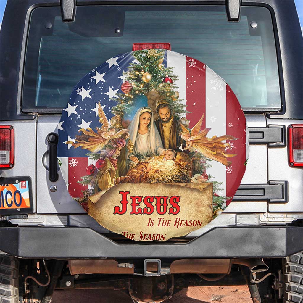 Patriotic Nativity Christmas Scene Spare Tire Cover Jesus Is the Reason for the Season American Flag and Angels - Wonder Print Shop