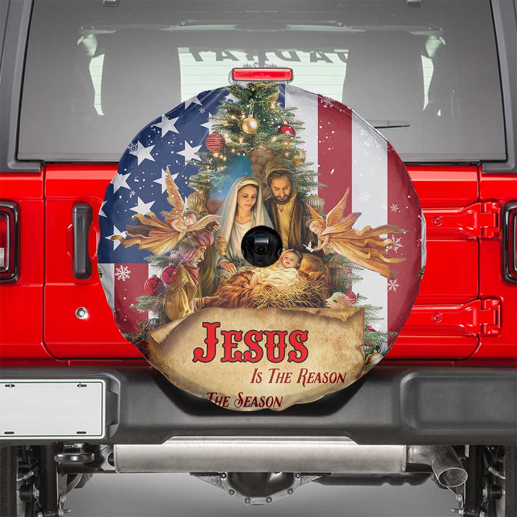 Patriotic Nativity Christmas Scene Spare Tire Cover Jesus Is the Reason for the Season American Flag and Angels - Wonder Print Shop