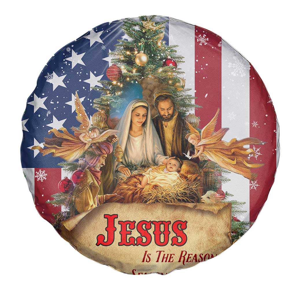 Patriotic Nativity Christmas Scene Spare Tire Cover Jesus Is the Reason for the Season American Flag and Angels - Wonder Print Shop