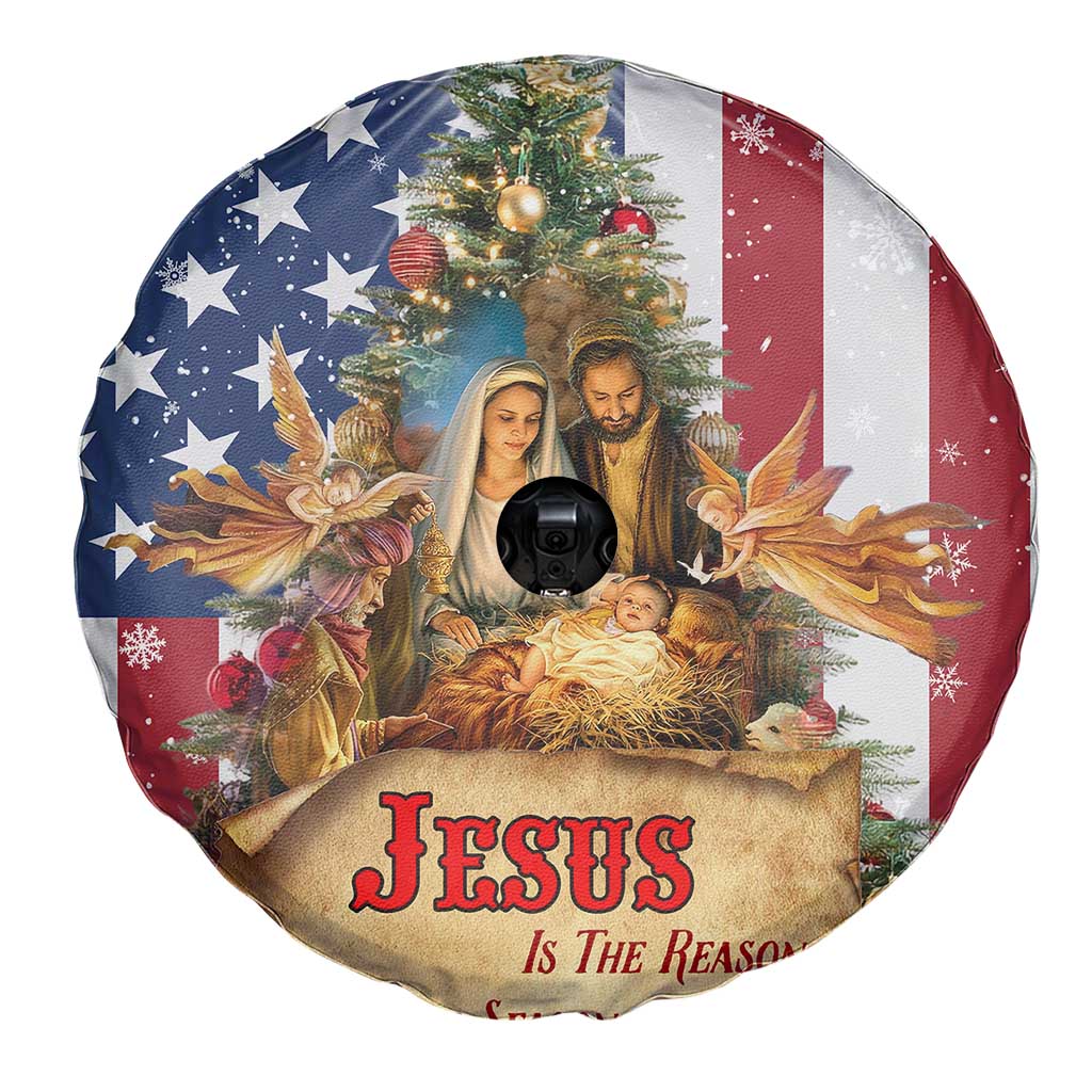 Patriotic Nativity Christmas Scene Spare Tire Cover Jesus Is the Reason for the Season American Flag and Angels - Wonder Print Shop