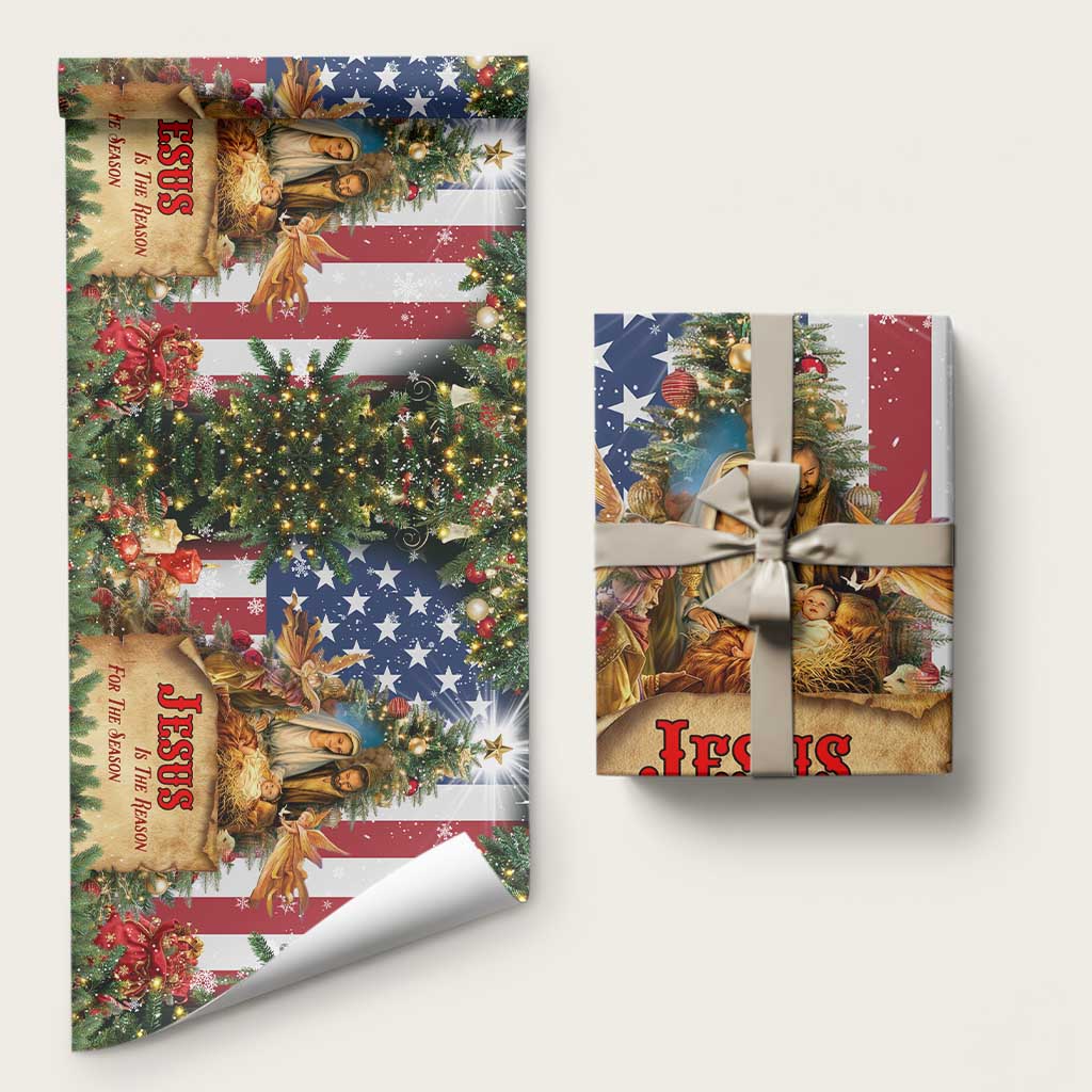 Patriotic Nativity Christmas Scene Wrapping Paper Jesus Is the Reason for the Season American Flag and Angels - Wonder Print Shop