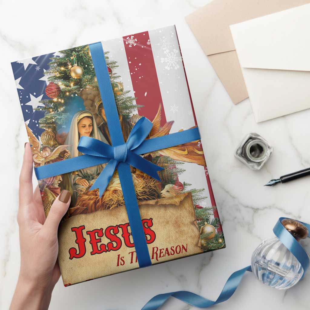 Patriotic Nativity Christmas Scene Wrapping Paper Jesus Is the Reason for the Season American Flag and Angels - Wonder Print Shop
