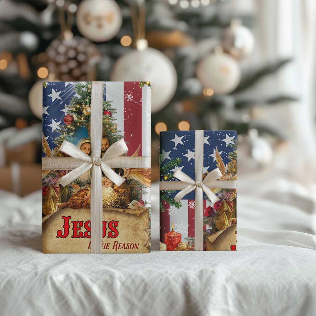 Patriotic Nativity Christmas Scene Wrapping Paper Jesus Is the Reason for the Season American Flag and Angels - Wonder Print Shop