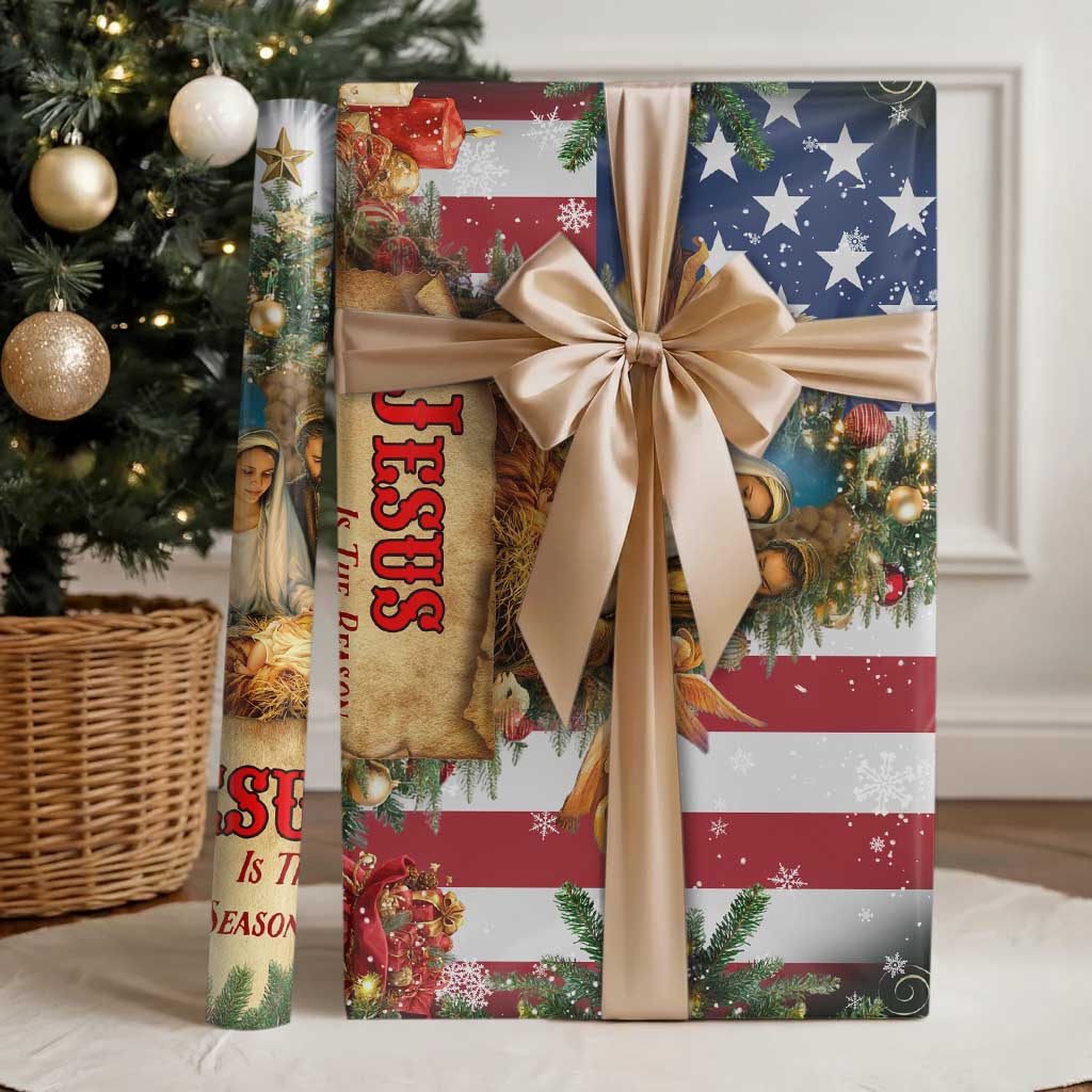 Patriotic Nativity Christmas Scene Wrapping Paper Jesus Is the Reason for the Season American Flag and Angels - Wonder Print Shop