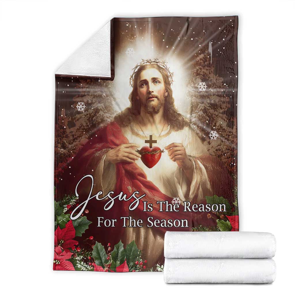 Sacred Heart of Jesus Christmas Throw Blanket Jesus Is the Reason for the Season Radiant Glow Poinsettias - Wonder Print Shop
