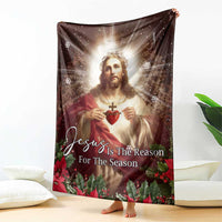 Sacred Heart of Jesus Christmas Throw Blanket Jesus Is the Reason for the Season Radiant Glow Poinsettias - Wonder Print Shop