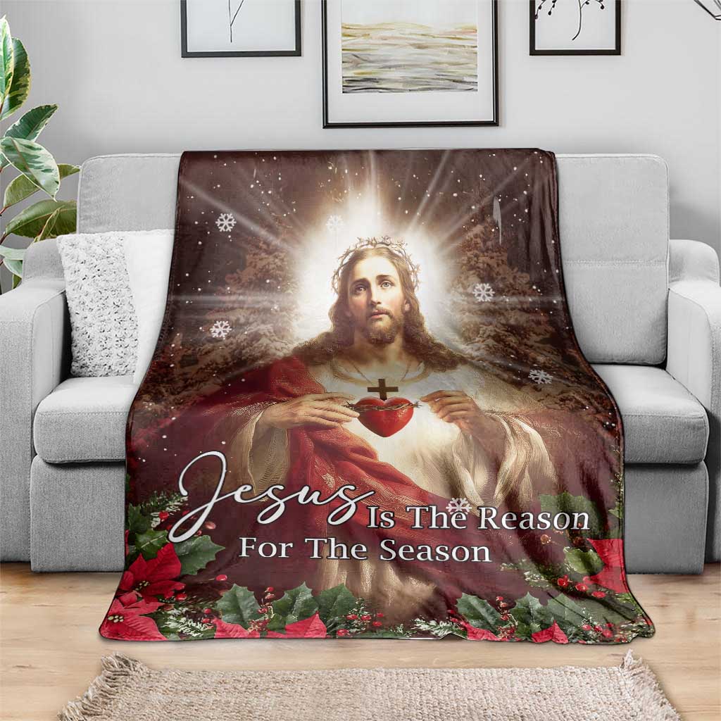 Sacred Heart of Jesus Christmas Throw Blanket Jesus Is the Reason for the Season Radiant Glow Poinsettias - Wonder Print Shop