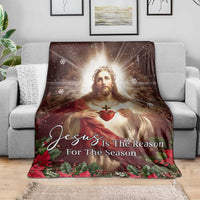 Sacred Heart of Jesus Christmas Throw Blanket Jesus Is the Reason for the Season Radiant Glow Poinsettias - Wonder Print Shop