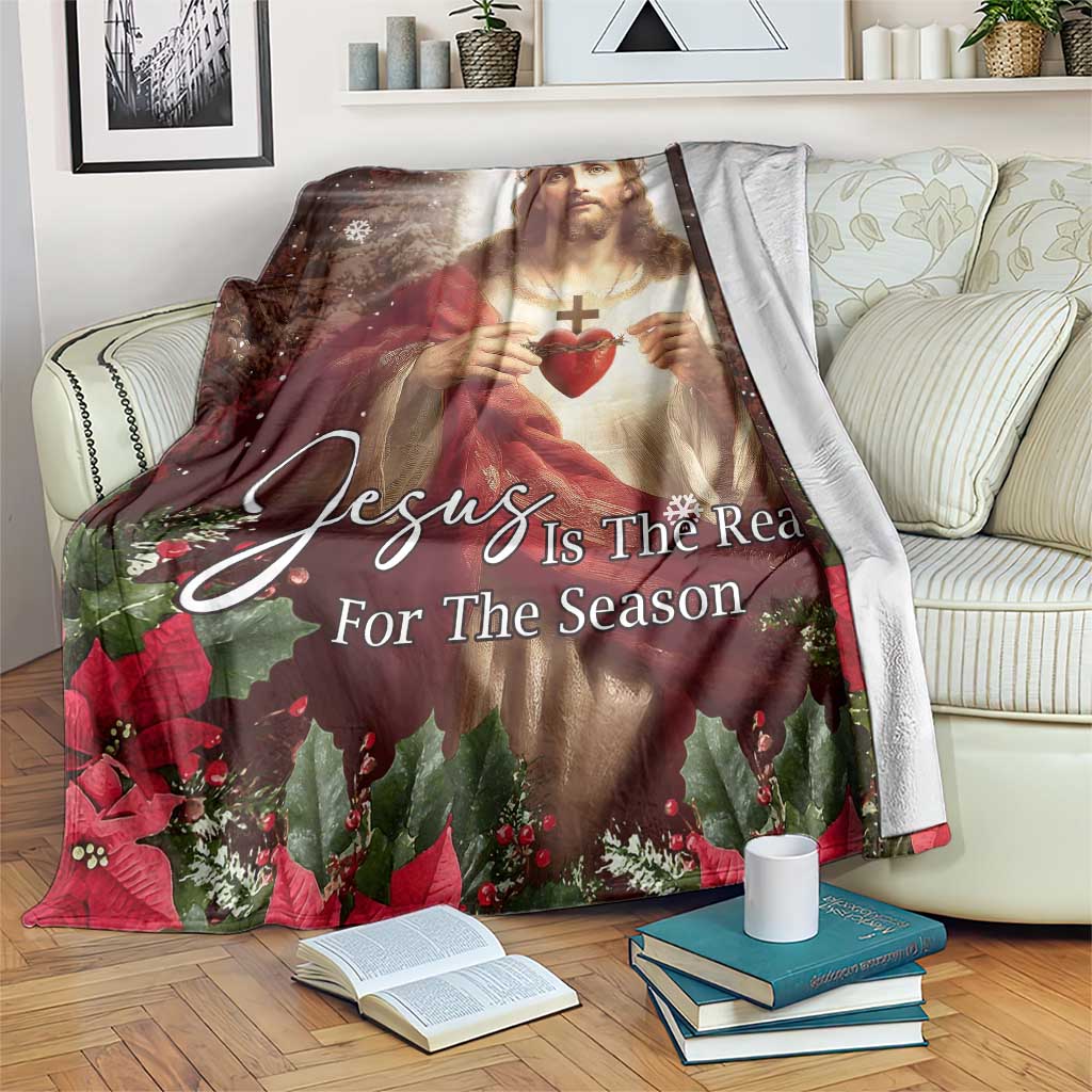 Sacred Heart of Jesus Christmas Throw Blanket Jesus Is the Reason for the Season Radiant Glow Poinsettias - Wonder Print Shop