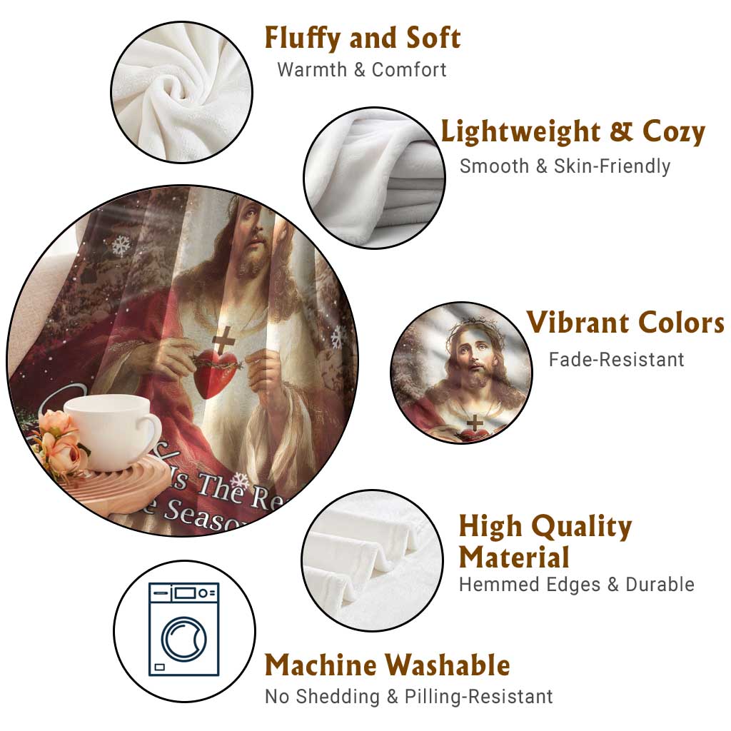 Sacred Heart of Jesus Christmas Throw Blanket Jesus Is the Reason for the Season Radiant Glow Poinsettias - Wonder Print Shop