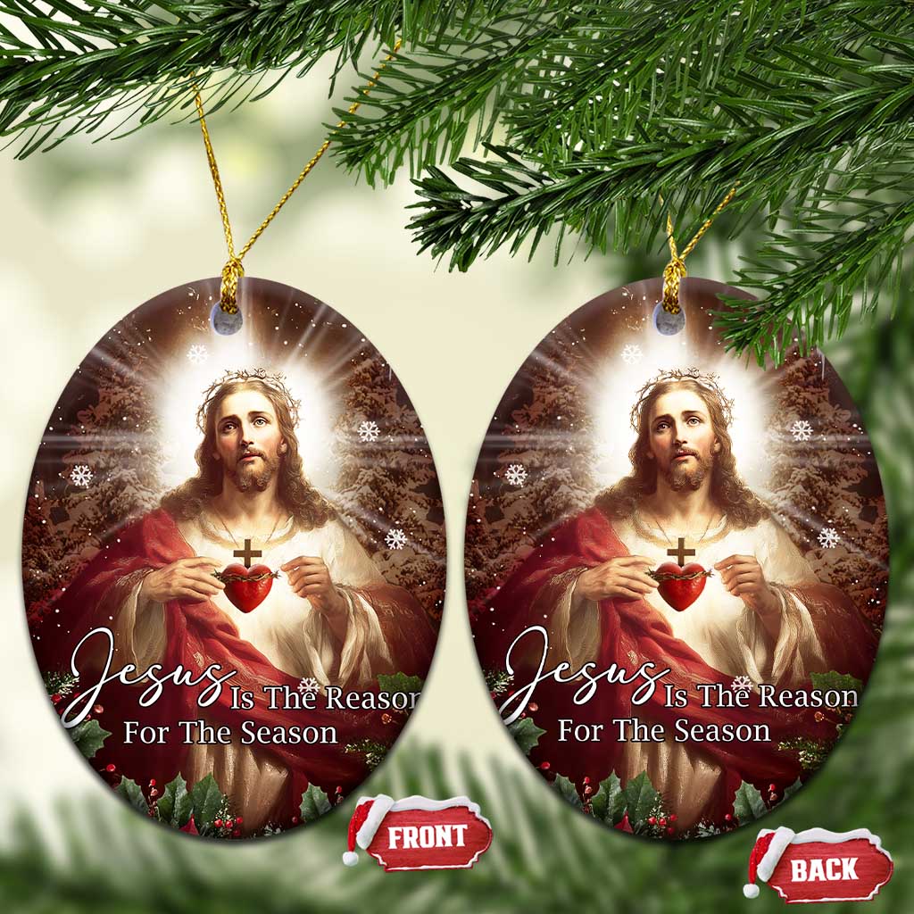 Sacred Heart of Jesus Christmas Christmas Ceramic Ornament Jesus Is the Reason for the Season Radiant Glow Poinsettias - Wonder Print Shop