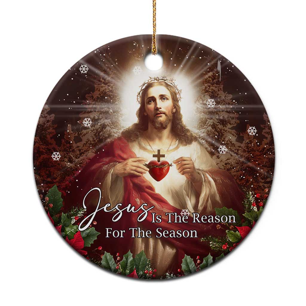 Sacred Heart of Jesus Christmas Christmas Ceramic Ornament Jesus Is the Reason for the Season Radiant Glow Poinsettias - Wonder Print Shop