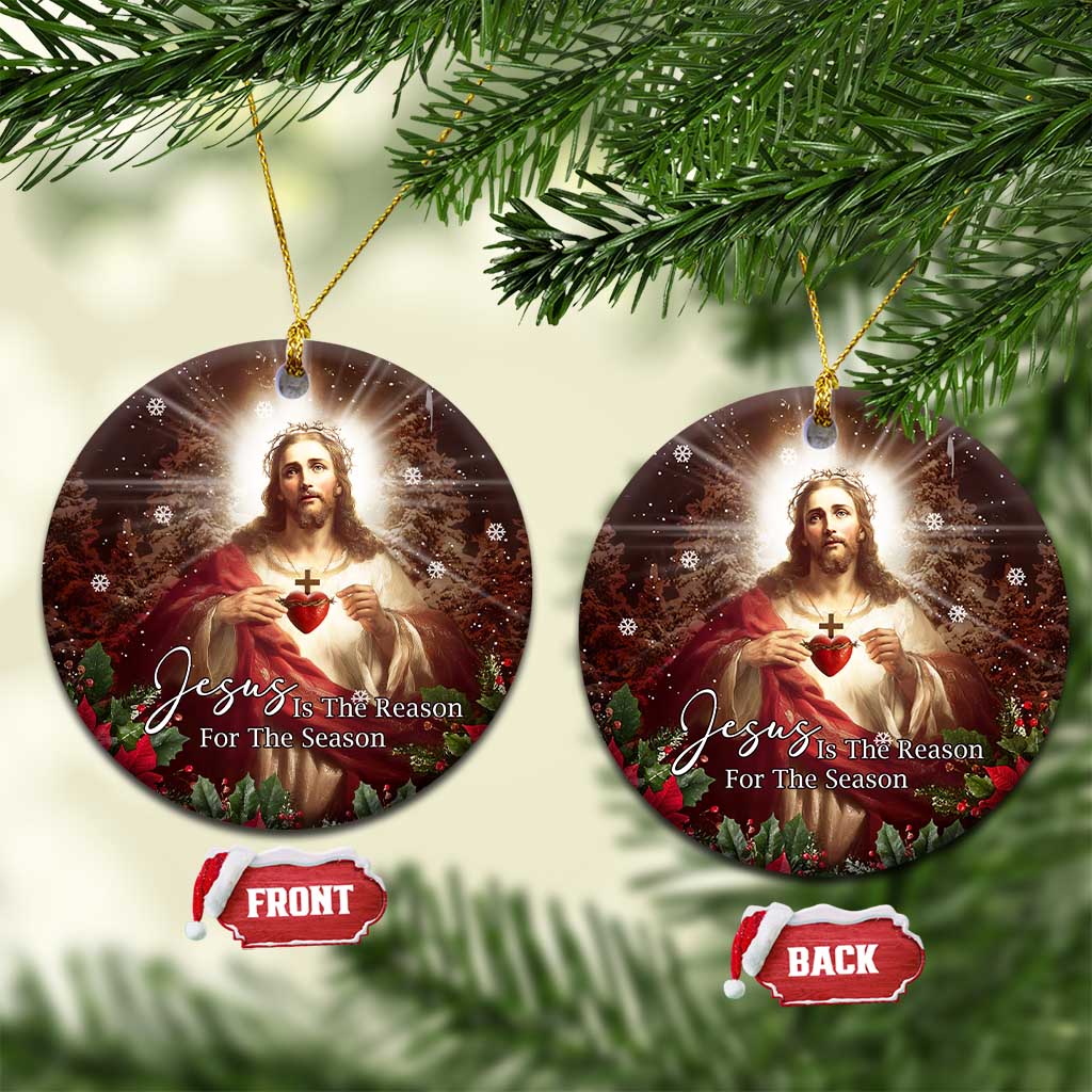 Sacred Heart of Jesus Christmas Christmas Ceramic Ornament Jesus Is the Reason for the Season Radiant Glow Poinsettias - Wonder Print Shop