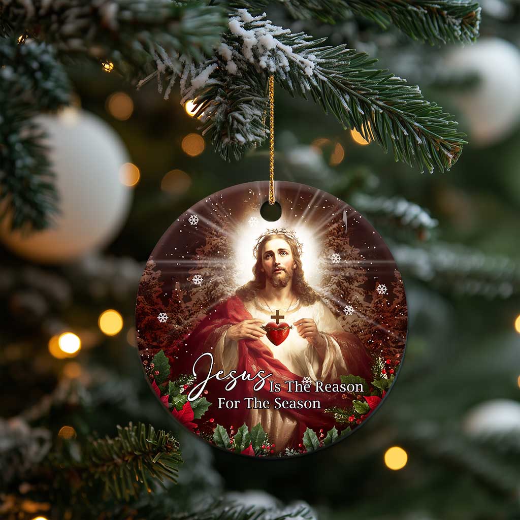 Sacred Heart of Jesus Christmas Christmas Ceramic Ornament Jesus Is the Reason for the Season Radiant Glow Poinsettias - Wonder Print Shop