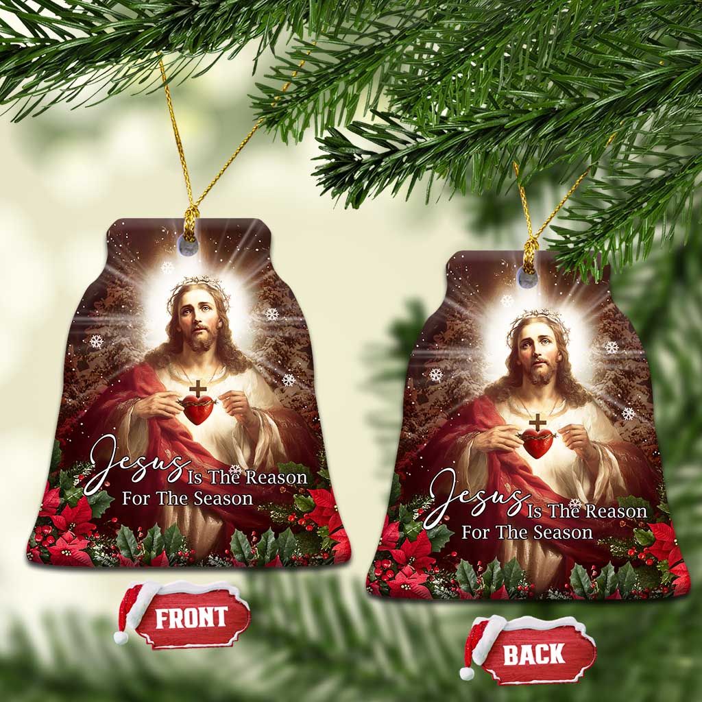 Sacred Heart of Jesus Christmas Christmas Ceramic Ornament Jesus Is the Reason for the Season Radiant Glow Poinsettias - Wonder Print Shop
