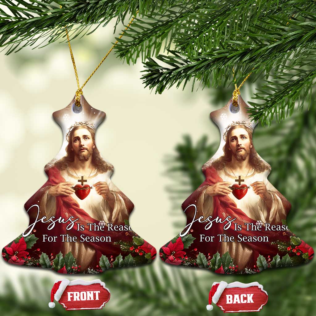 Sacred Heart of Jesus Christmas Christmas Ceramic Ornament Jesus Is the Reason for the Season Radiant Glow Poinsettias - Wonder Print Shop