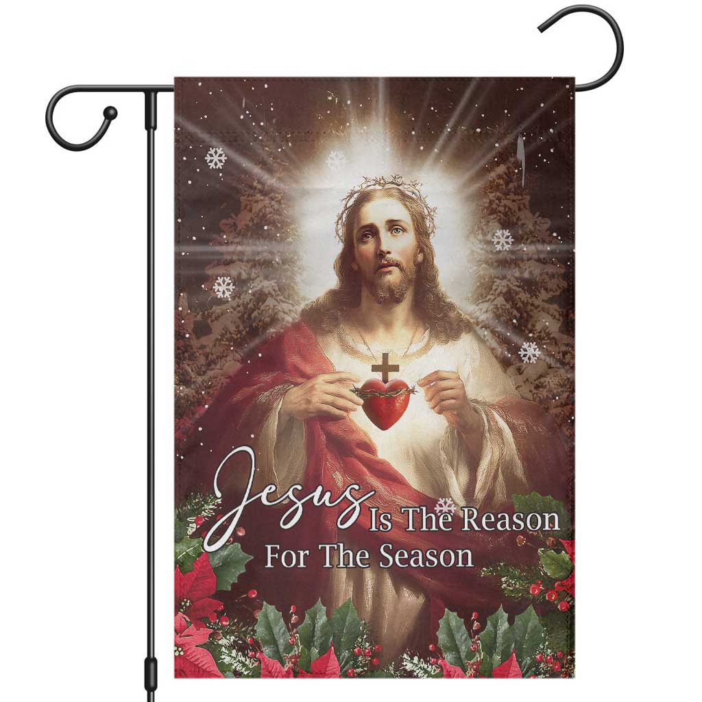 Sacred Heart of Jesus Christmas Garden Flag Jesus Is the Reason for the Season Radiant Glow Poinsettias - Wonder Print Shop