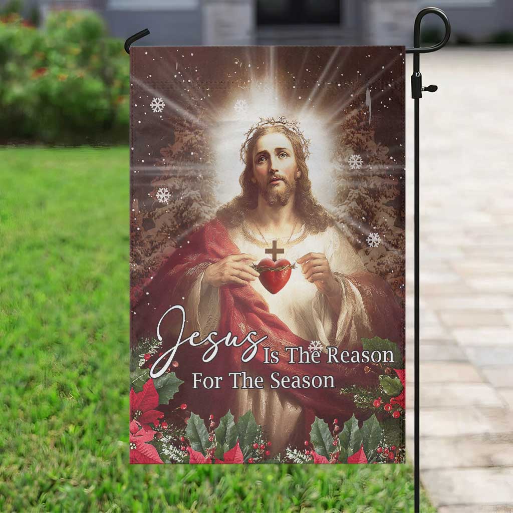 Sacred Heart of Jesus Christmas Garden Flag Jesus Is the Reason for the Season Radiant Glow Poinsettias - Wonder Print Shop