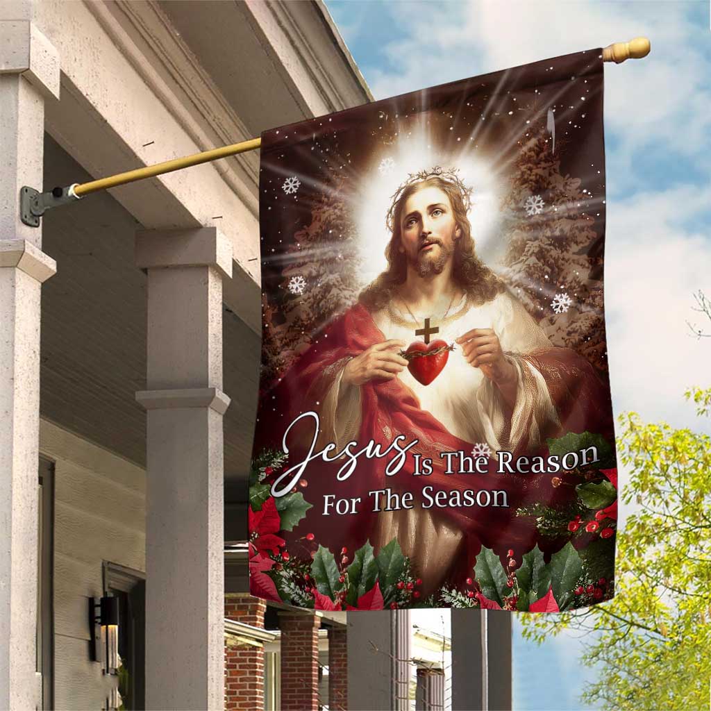 Sacred Heart of Jesus Christmas Garden Flag Jesus Is the Reason for the Season Radiant Glow Poinsettias - Wonder Print Shop