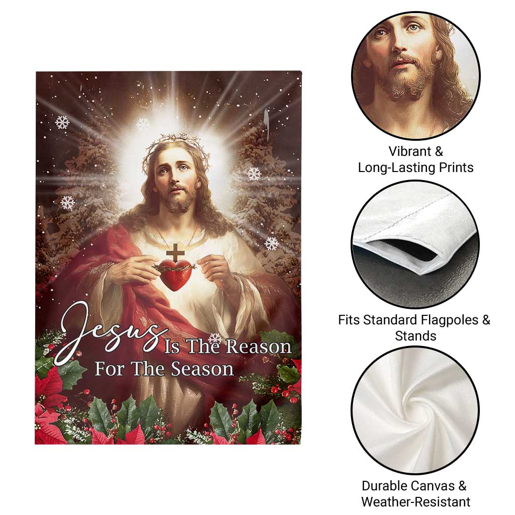 Sacred Heart of Jesus Christmas Garden Flag Jesus Is the Reason for the Season Radiant Glow Poinsettias - Wonder Print Shop