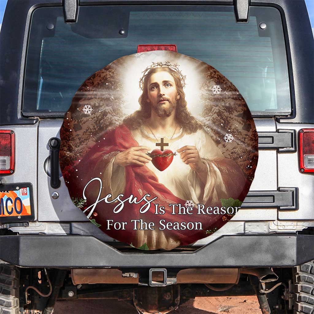 Sacred Heart of Jesus Christmas Spare Tire Cover Jesus Is the Reason for the Season Radiant Glow Poinsettias - Wonder Print Shop