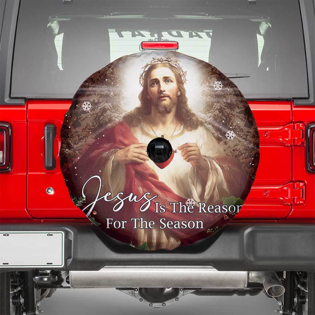 Sacred Heart of Jesus Christmas Spare Tire Cover Jesus Is the Reason for the Season Radiant Glow Poinsettias - Wonder Print Shop