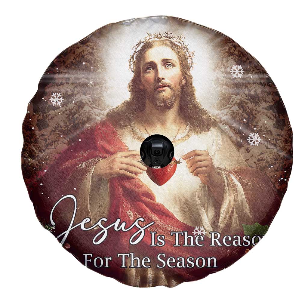 Sacred Heart of Jesus Christmas Spare Tire Cover Jesus Is the Reason for the Season Radiant Glow Poinsettias - Wonder Print Shop