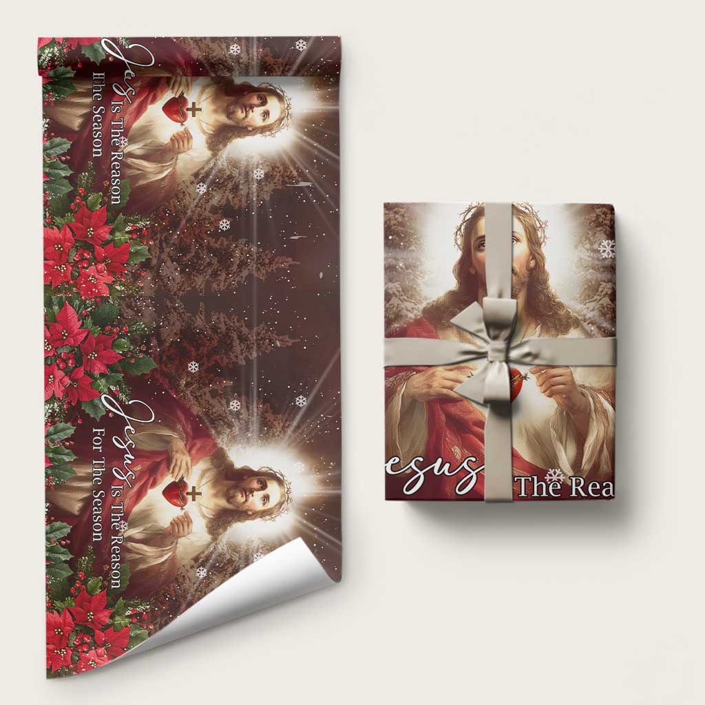 Sacred Heart of Jesus Christmas Wrapping Paper Jesus Is the Reason for the Season Radiant Glow Poinsettias - Wonder Print Shop