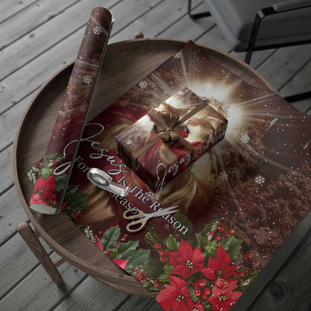Sacred Heart of Jesus Christmas Wrapping Paper Jesus Is the Reason for the Season Radiant Glow Poinsettias - Wonder Print Shop
