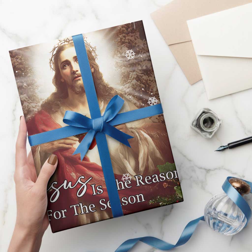 Sacred Heart of Jesus Christmas Wrapping Paper Jesus Is the Reason for the Season Radiant Glow Poinsettias - Wonder Print Shop