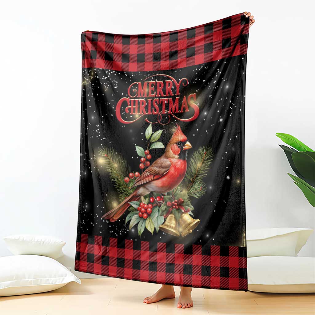 Merry Christmas Cardinal Throw Blanket Buffalo Plaid Holiday Redbird Holly and Bells - Wonder Print Shop