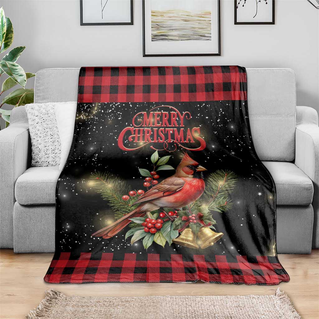 Merry Christmas Cardinal Throw Blanket Buffalo Plaid Holiday Redbird Holly and Bells - Wonder Print Shop