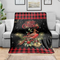 Merry Christmas Cardinal Throw Blanket Buffalo Plaid Holiday Redbird Holly and Bells - Wonder Print Shop