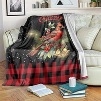 Merry Christmas Cardinal Throw Blanket Buffalo Plaid Holiday Redbird Holly and Bells - Wonder Print Shop