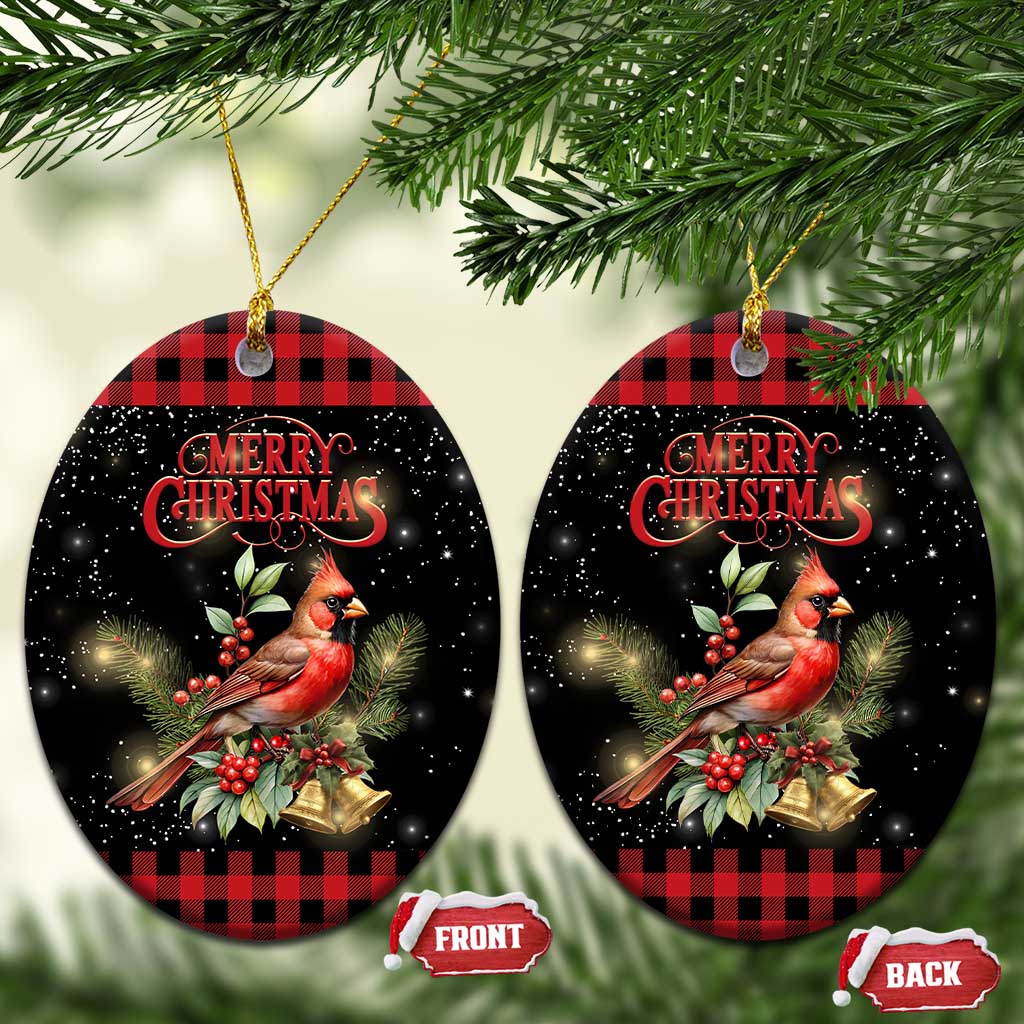 Merry Christmas Cardinal Christmas Ceramic Ornament Buffalo Plaid Holiday Redbird Holly and Bells - Wonder Print Shop