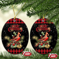 Merry Christmas Cardinal Christmas Ceramic Ornament Buffalo Plaid Holiday Redbird Holly and Bells - Wonder Print Shop
