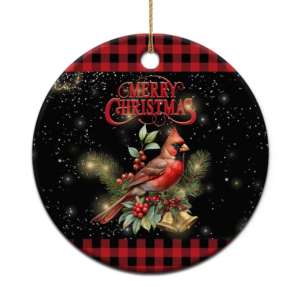 Merry Christmas Cardinal Christmas Ceramic Ornament Buffalo Plaid Holiday Redbird Holly and Bells - Wonder Print Shop