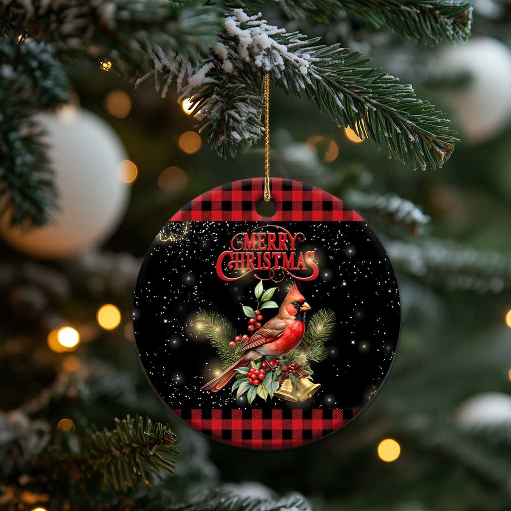 Merry Christmas Cardinal Christmas Ceramic Ornament Buffalo Plaid Holiday Redbird Holly and Bells - Wonder Print Shop