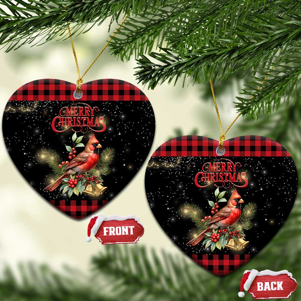 Merry Christmas Cardinal Christmas Ceramic Ornament Buffalo Plaid Holiday Redbird Holly and Bells - Wonder Print Shop