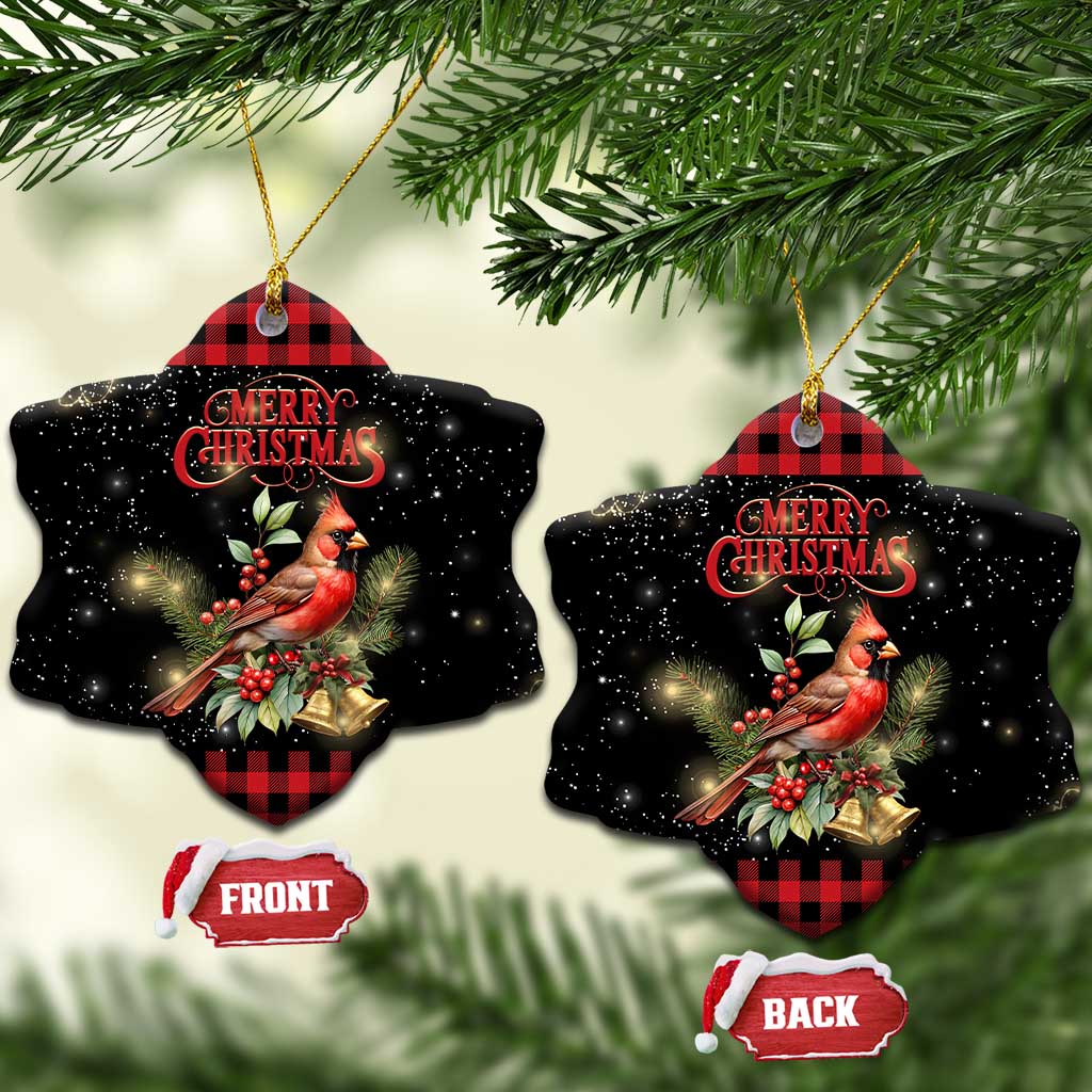 Merry Christmas Cardinal Christmas Ceramic Ornament Buffalo Plaid Holiday Redbird Holly and Bells - Wonder Print Shop